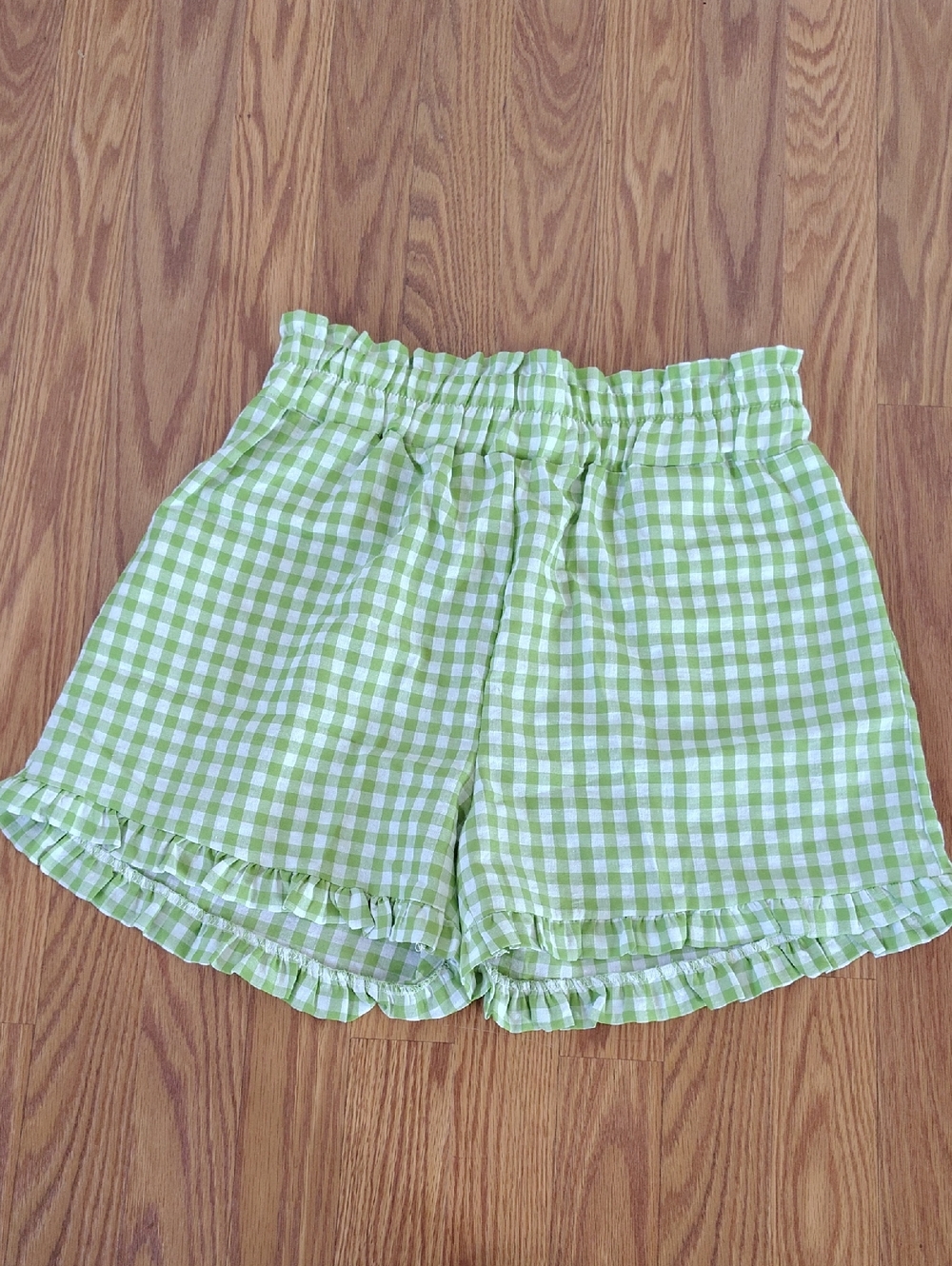 High-Waist Green Gingham Ruffle Shorts